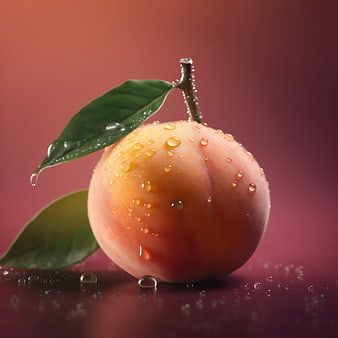 Fresh Peach with Water Drops and Green Leaves