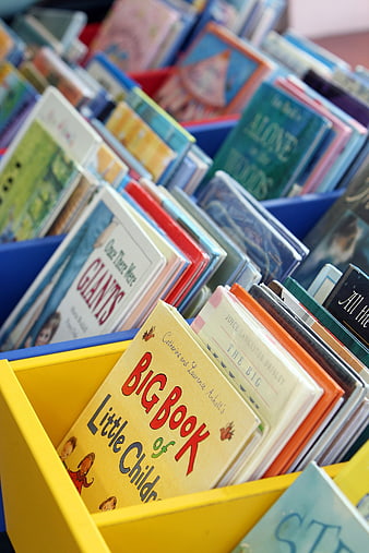 Colorful Children's Books in Yellow and Blue Bins