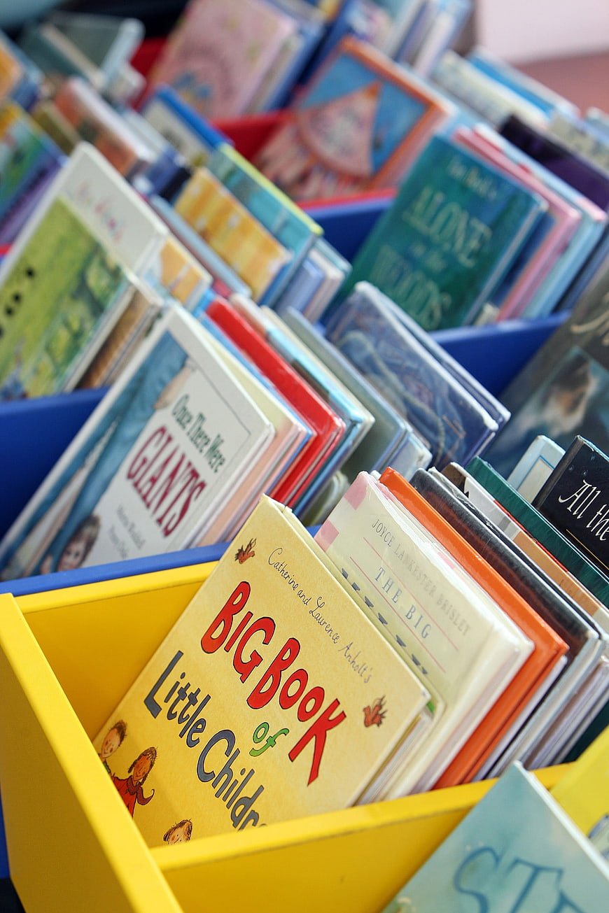 Colorful Children's Books in Yellow and Blue Bins