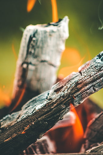 Close-up of burning wood logs with glowing embers and smoke