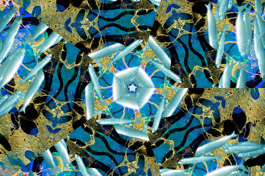 Abstract Blue and Gold Kaleidoscope Pattern with Fish Shapes