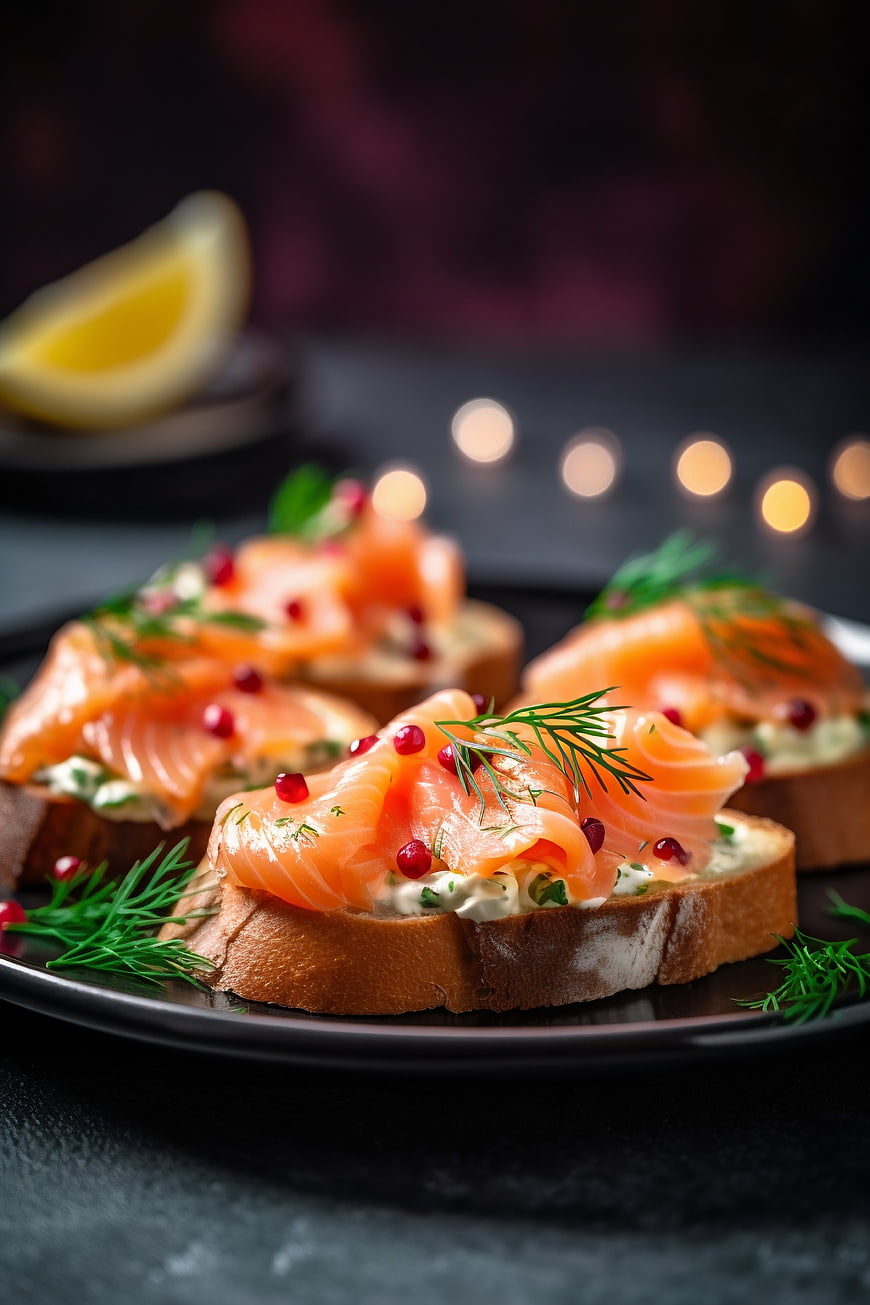 Smoked Salmon Canapes with Dill and Pomegranate