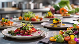 Gourmet Vegetable Dishes Plated in Professional Kitchen