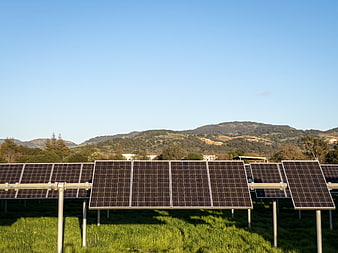 Solar Panels in Green Field with Blue Sky