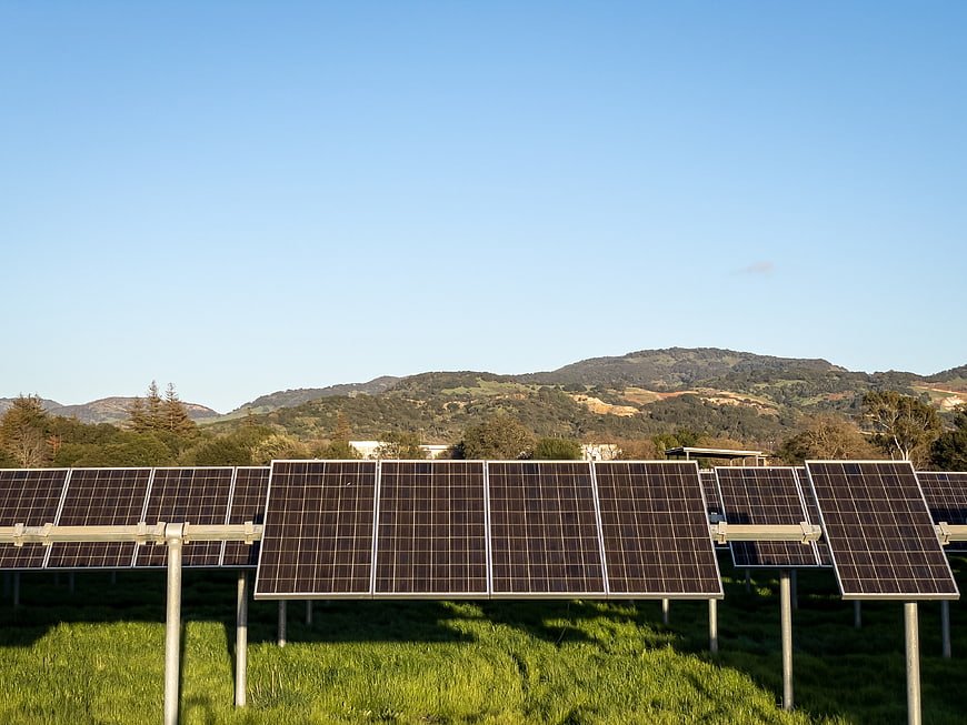 Solar Panels in Green Field with Blue Sky