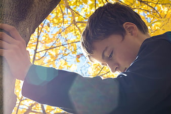 Boy leaning against tree in autumn sunlight