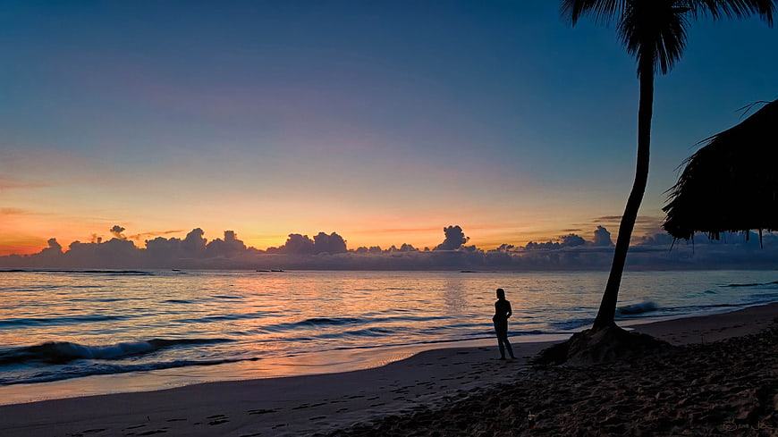 Silhouette of Person Standing on Tropical Beach at Sunset