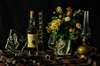 Talisker Whisky Still Life with Roses and Oil Lamp