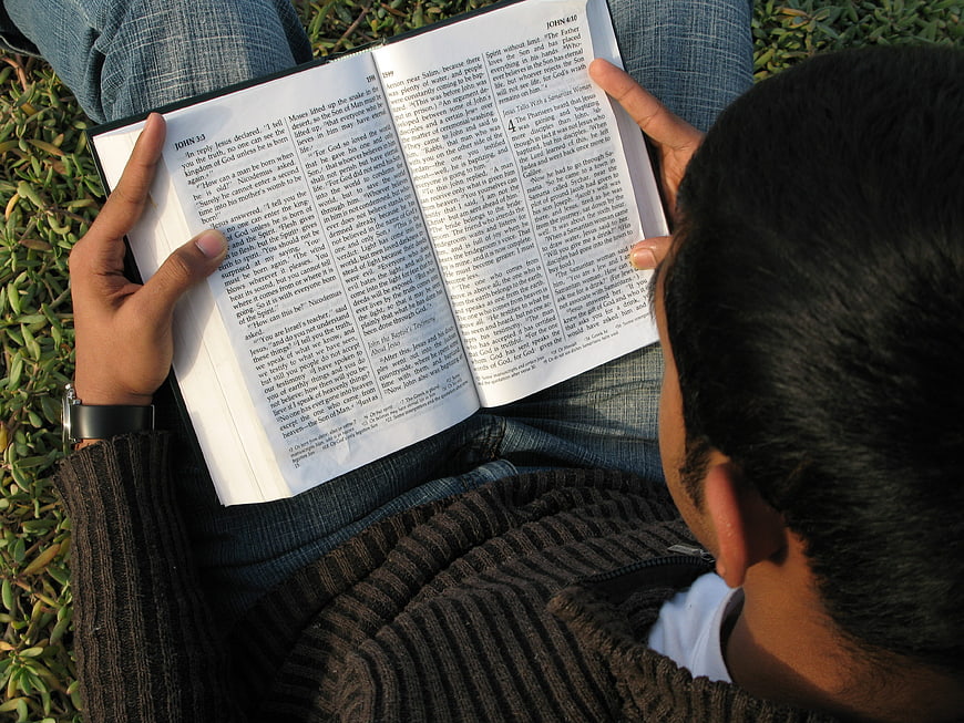 Man reading the Bible outdoors on green grass