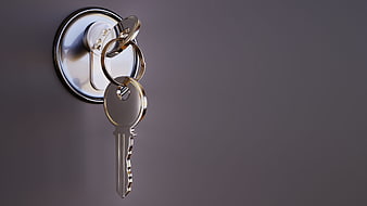 Silver Key in Door Lock with Copyspace