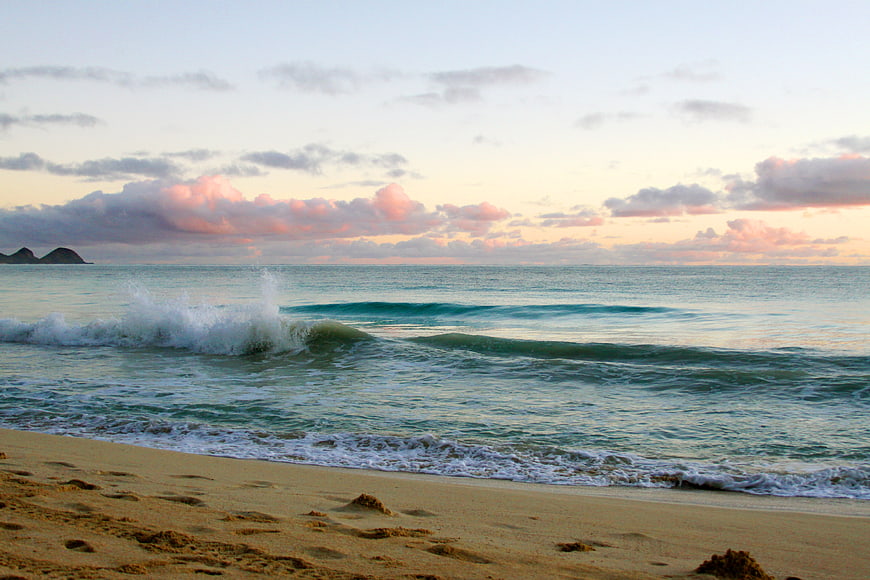 Tropical Beach Sunset with Crashing Waves and Pink Clouds