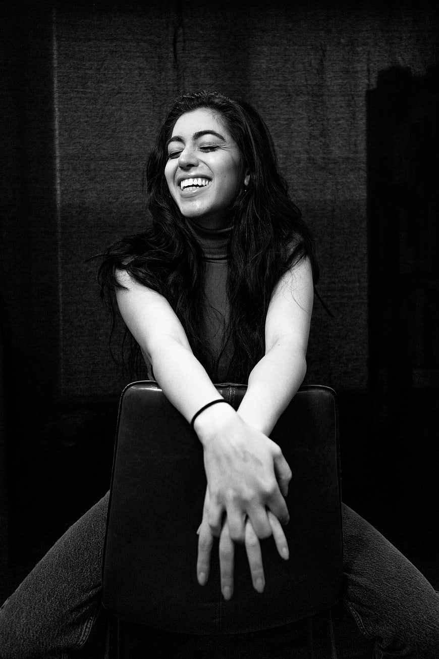 Happy Woman Laughing in Black and White Portrait