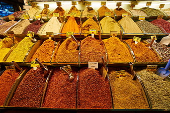 Colorful Spice Market Display With Price Tags