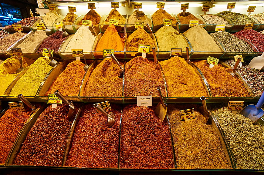 Colorful Spice Market Display With Price Tags