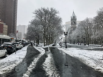 Snowy City Street in Brooklyn with Park and Architecture