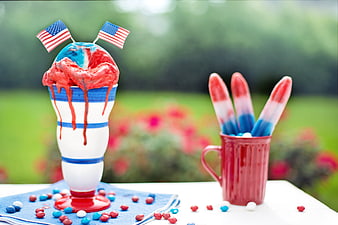 Patriotic Red White and Blue Ice Cream Sundae and Popsicles