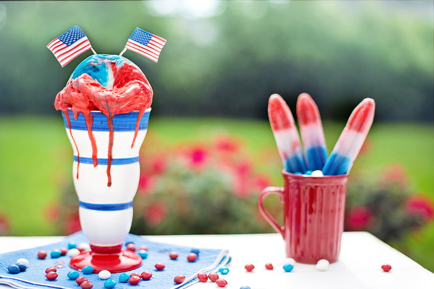 Patriotic Red White and Blue Ice Cream Sundae and Popsicles