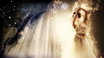 Elegant female dancer in white dress with fireworks and smoke