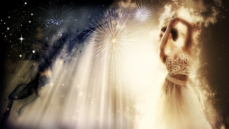 Elegant female dancer in white dress with fireworks and smoke