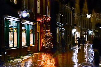 Rainy Christmas Street in Leer Germany at Night