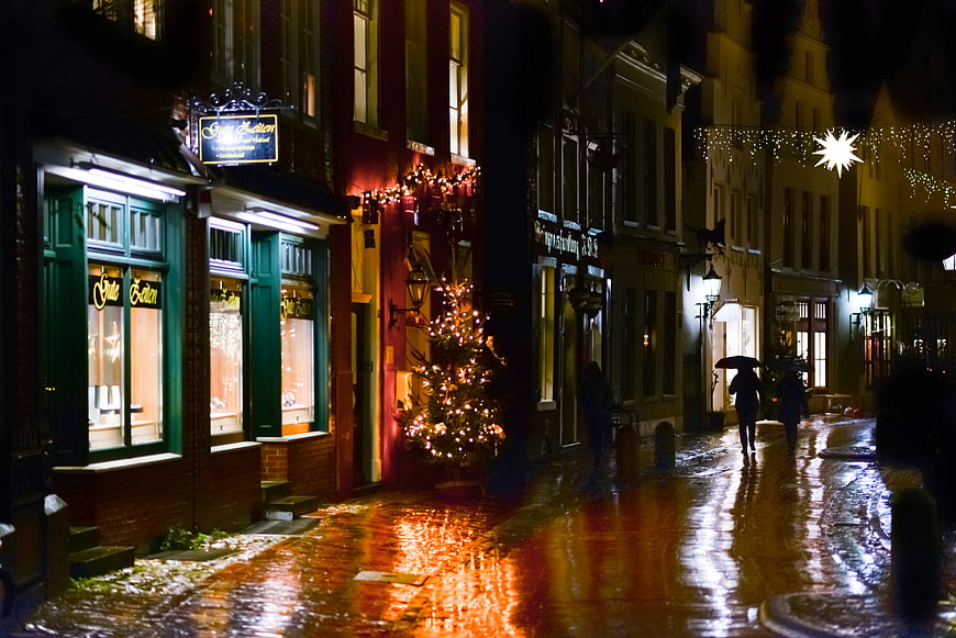 Rainy Christmas Street in Leer Germany at Night