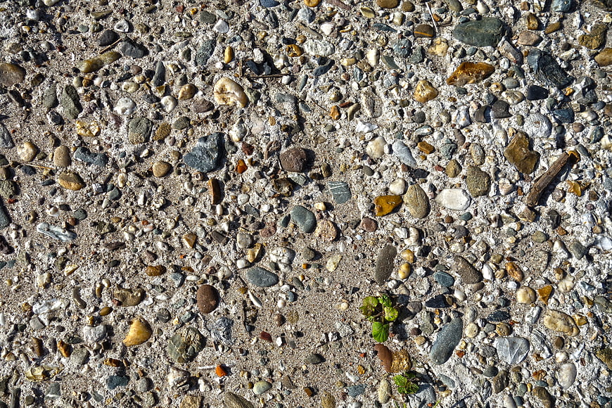 Top view of textured concrete surface with pebbles and small plant