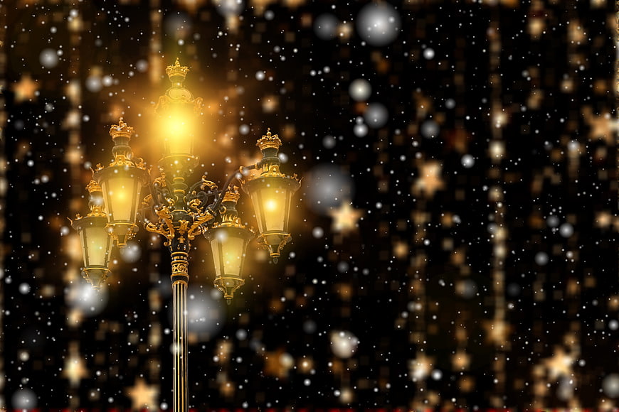 Ornate Golden Street Lamp With Snowfall And Bokeh Lights