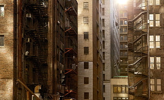 Urban Alleyway with Brick Buildings and Fire Escapes