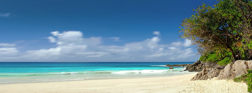 Panoramic tropical beach with turquoise water and lush green trees