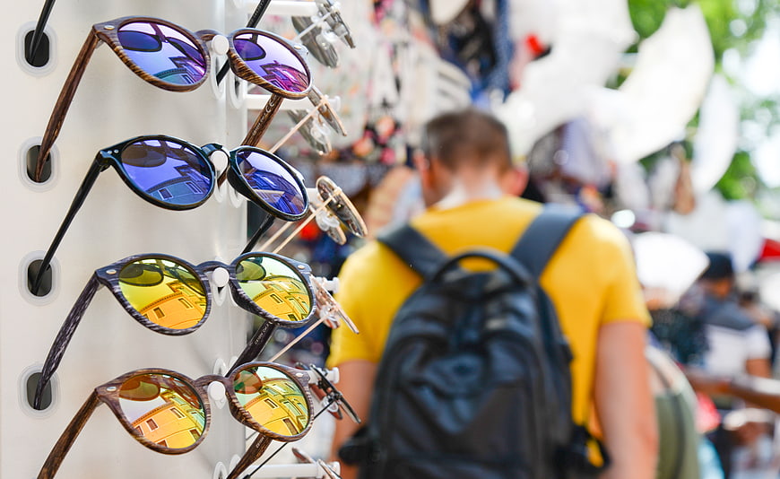 Colorful Sunglasses Display at Outdoor Market Stall