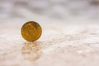 Gold Bitcoin Coin Standing On Reflective Surface