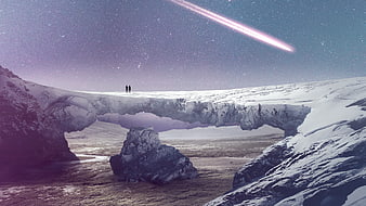 Surreal Sci-Fi Landscape with Meteor and Silhouetted Figures
