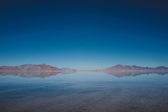 Serene desert lake reflecting mountains under clear blue sky