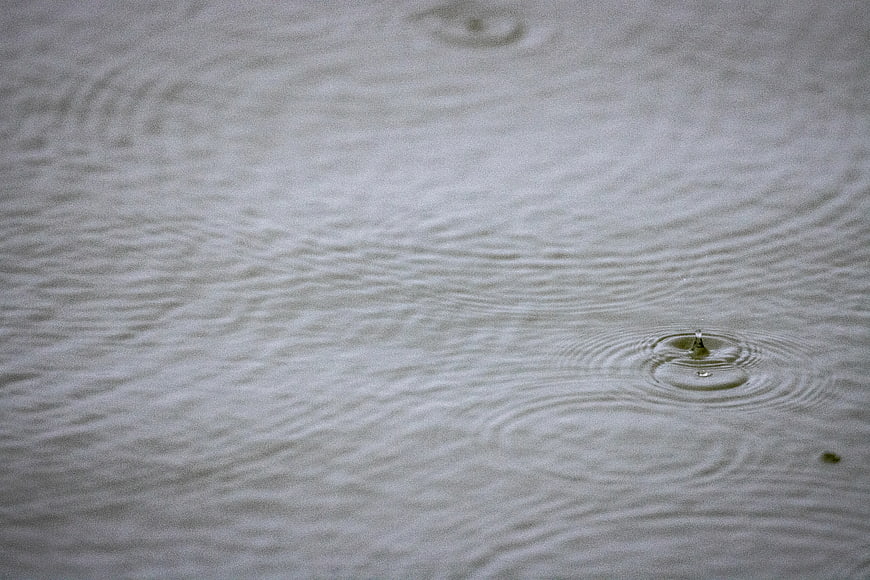 Raindrops creating ripples on a calm water surface