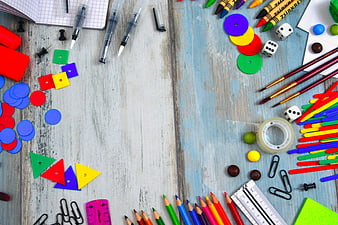 Colorful School Supplies Flat Lay on Blue Wooden Desk