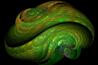 Abstract green and gold fractal swirl on black background