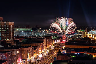 Nashville Broadway Night Skyline With Fireworks And City Lights