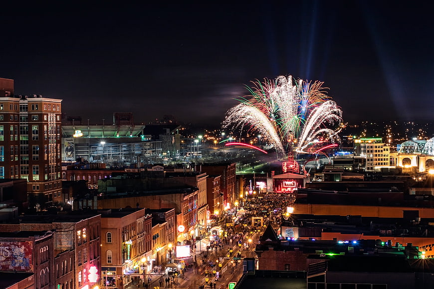 Nashville Broadway Night Skyline With Fireworks And City Lights
