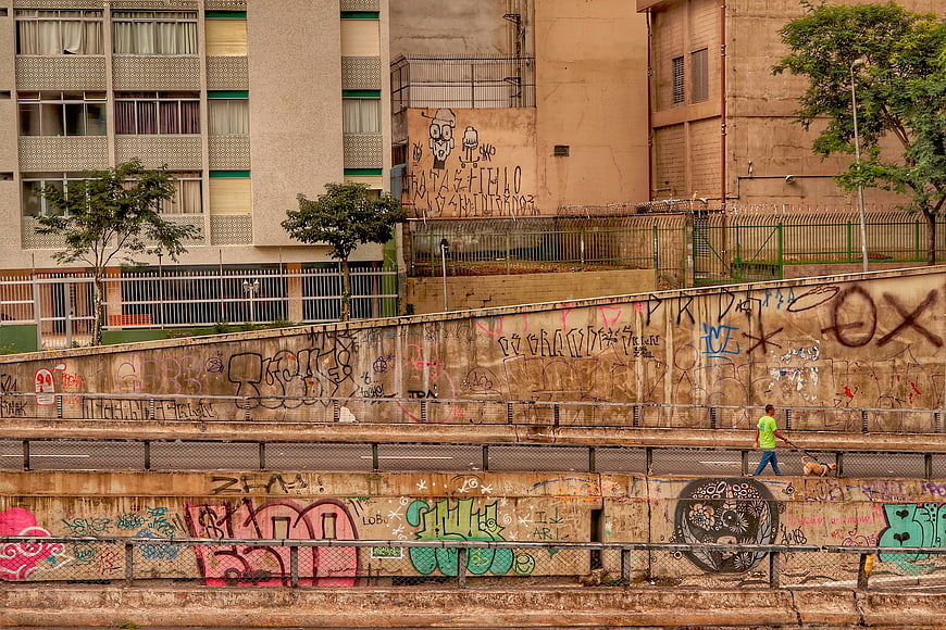 Man Walking Dog Past Vibrant Graffiti Walls