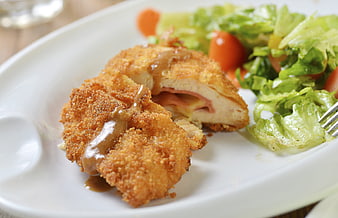 Crispy Fried Chicken Cutlet with Melted Cheese and Salad
