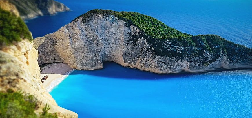 Aerial view of Navagio Beach with shipwreck and turquoise water