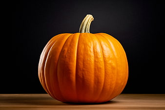 Single Orange Pumpkin on Wooden Table with Black Background