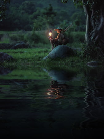 Boy with Lantern Sitting by River at Night