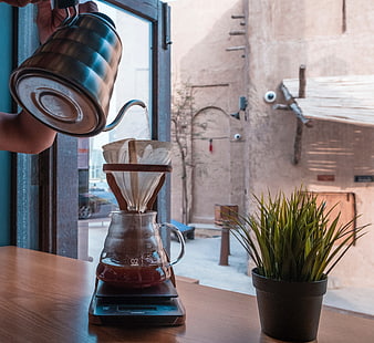 Pour-over coffee brewing process with kettle and plant