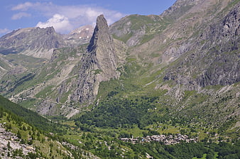 Panoramic view of Rocca Provenzale mountain peak and alpine village