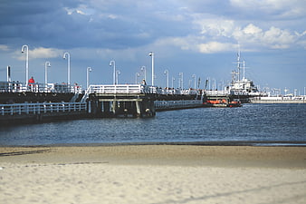 Sopot Pier Baltic Sea with Ship and Beach