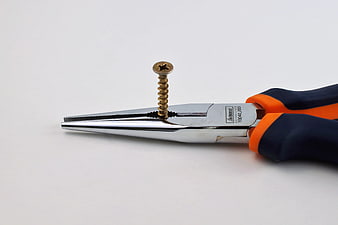 Needle Nose Pliers Holding a Brass Screw on White Background
