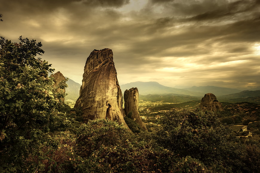 Dramatic Rock Formations in Greek Valley Landscape