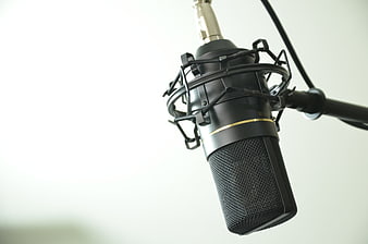 Professional condenser microphone in shock mount on white background