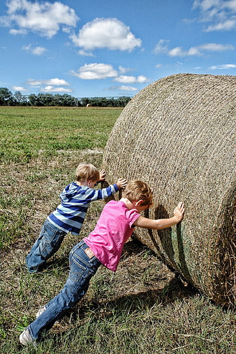 Two young boys pushing a large round hay bale in a field